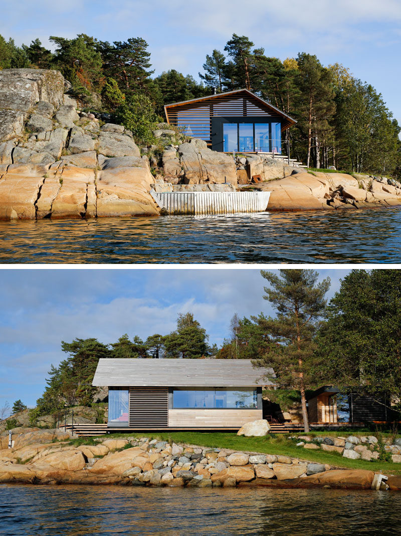  Lund + Slaatto Architects спроектировали эту современную хижину и небольшую пристройку, которая находится рядом с водой на краю скалистого обнажения в Эстфолле, Норвегия. #ModernCabin # Архитектура 