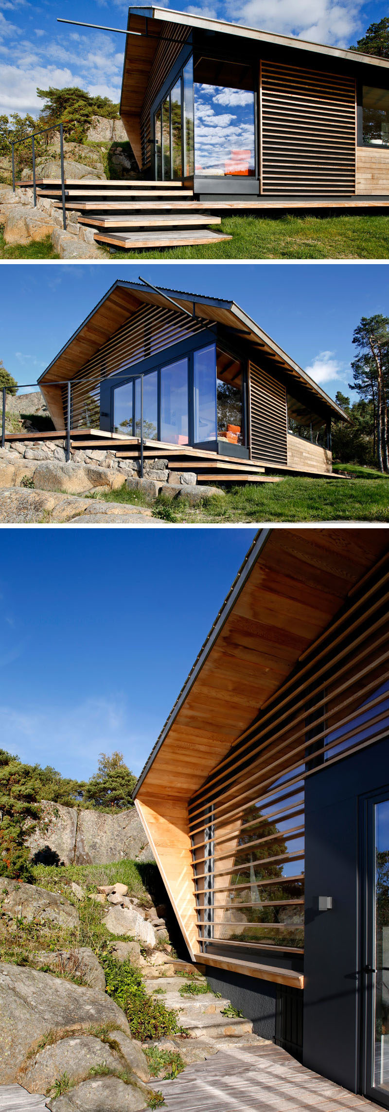  Эта современная каюта облицована кедровым деревом, часть которого частично покрывает окна, позволяя солнечному свету проникать внутрь. #ModernCabin # Архитектура 