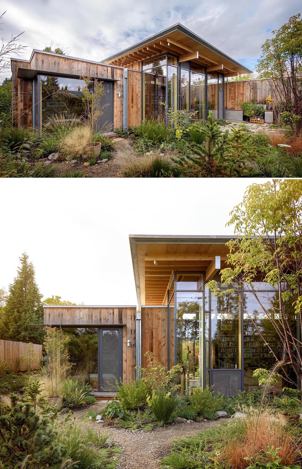 Современный деревянный домик с внешней обшивкой из елового дерева и стеклянными стенами.