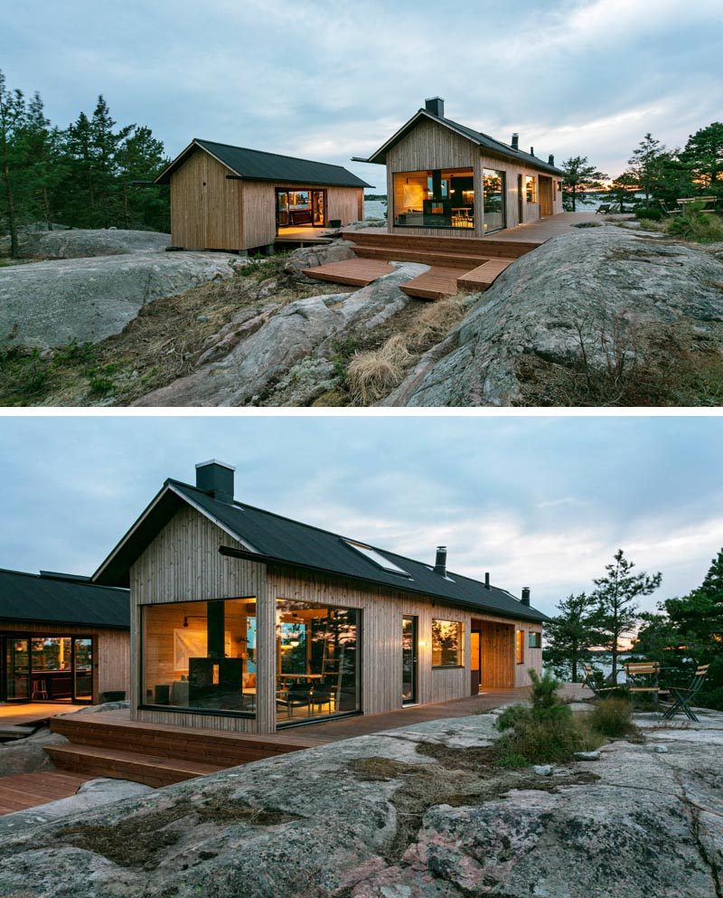 Дизайн этих современных домиков для отдыха черпает вдохновение в традиционной эстетике финского архипелага и имеет двускатную крышу, длинные карнизы, расширенные желоба и вертикальную облицовку. #HolidayHouse #ModernCabins #Architecture