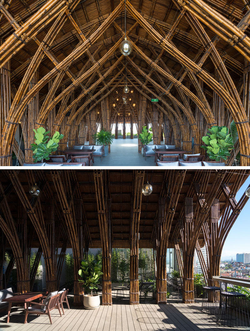  Vo Trong Nghia Architects спроектировали реконструкцию кафе, используя в качестве материала бамбук, чтобы создать впечатление пещеры. # Бамбук # Дизайн кафе # Дизайн интерьера # Архитектура 