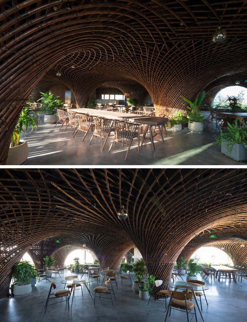 Vo Trong Nghia Architects спроектировали реконструкцию кафе, используя в качестве в качестве материала бамбук, чтобы создать впечатление пещеры. # Бамбук # Дизайн кафе # Дизайн интерьера # Архитектура 
