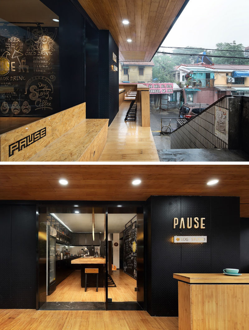  Поднявшись по лестнице в это современное кафе, вы увидите крытую деревянную веранду, в то время как кафе определяется черным входом. #CoffeeShop #Cafe #ModernCoffeeShop #RetailDesign #InteriorDesign 