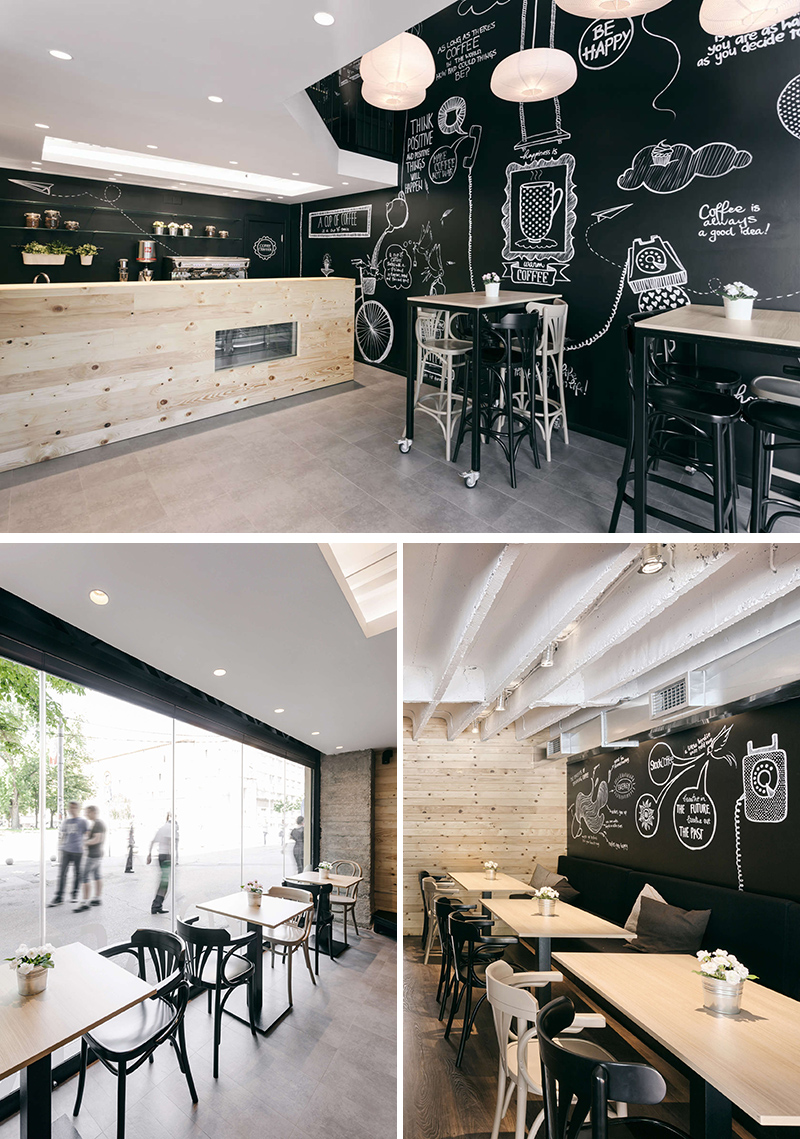 Эта современная кофейня отличается оригинальными рисованными иллюстрациями и простой палитрой, сочетающей индустриальный стиль с натуральными материалами.