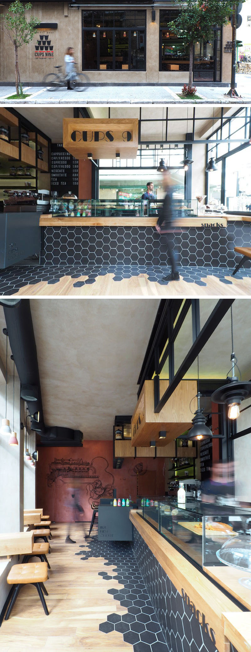 Это современное кафе имеет уникальный переход от шестиугольника к дереву, что побуждает людей использовать как внутренние, так и открытые пространства кафе.