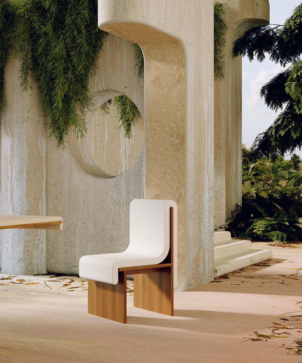 Современный деревянный стул с белым сиденьем.