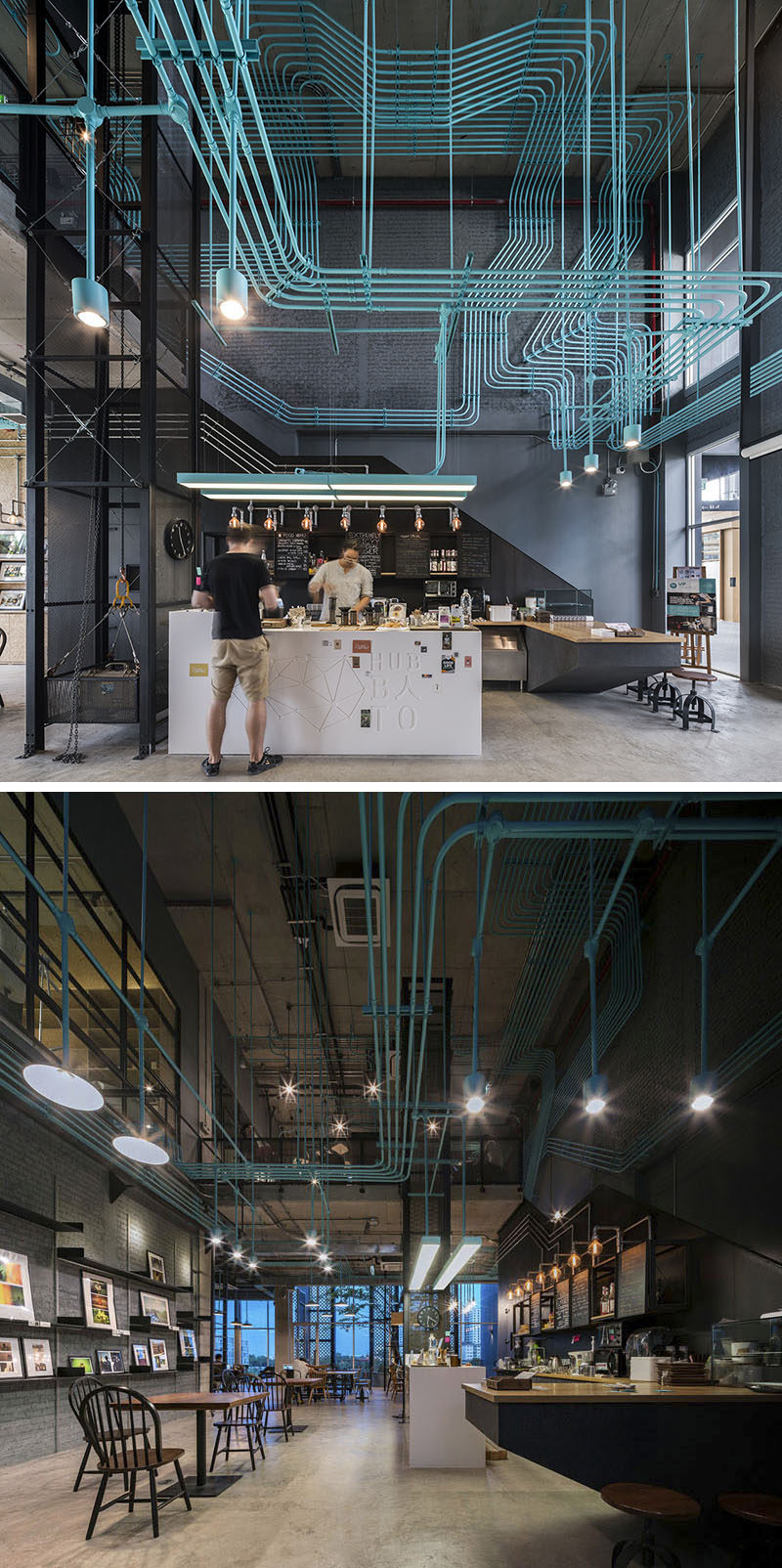 10 уникальных кофеен в Азии / Supermachine Studio и разработчик Сансири спроектировали эту офисную кофейню, которая подчеркивает систему электропроводки, покрасив ее в ярко-бирюзовый цвет, чтобы придать ей забавный индустриальный вид.