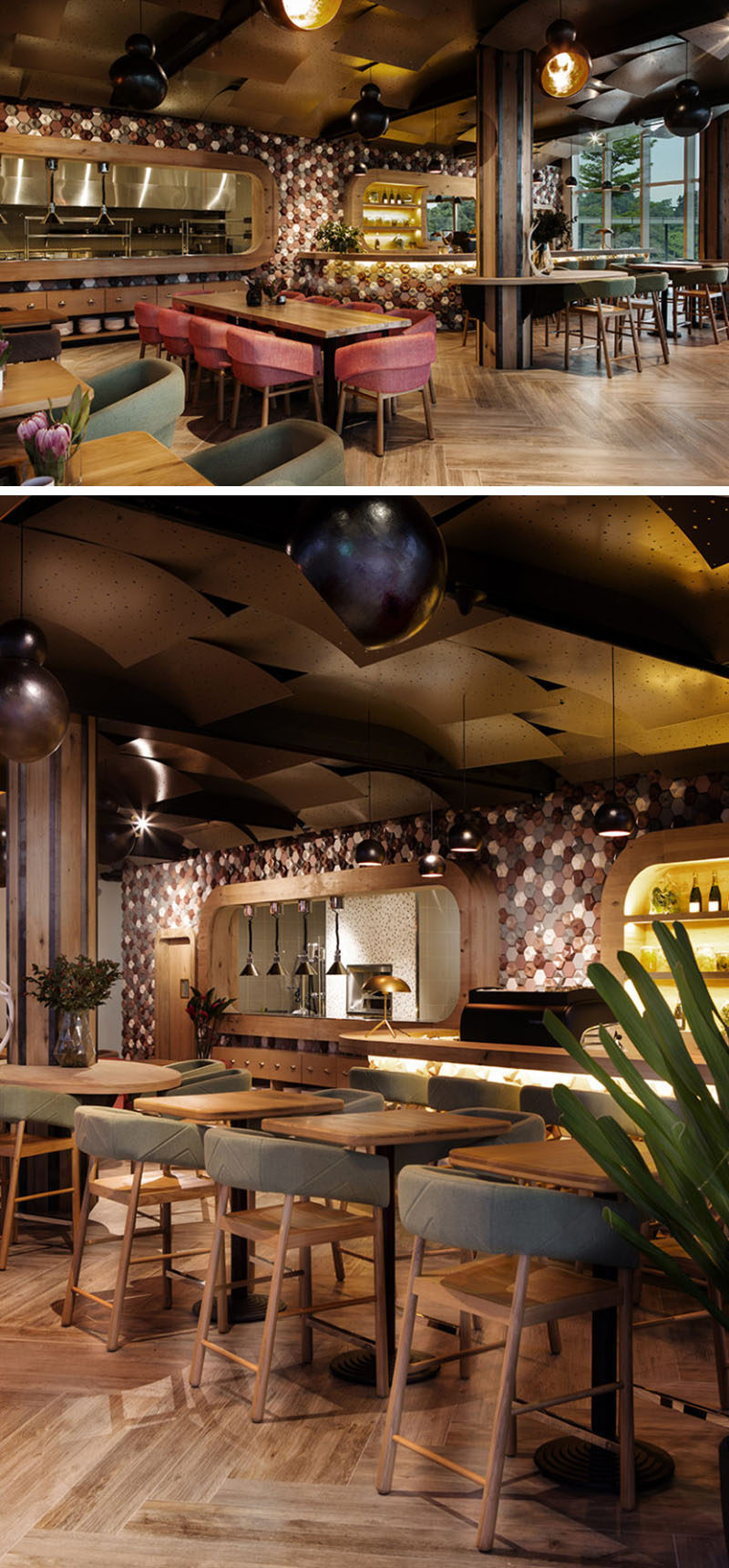 10 уникальных кофеен в Азии / Emma Maxwell Design спроектировали уникальный интерьер Cafe Melba в Mediapolis в Сингапуре, используя трехмерную шестиугольную бетонную настенную плитку ручной работы.