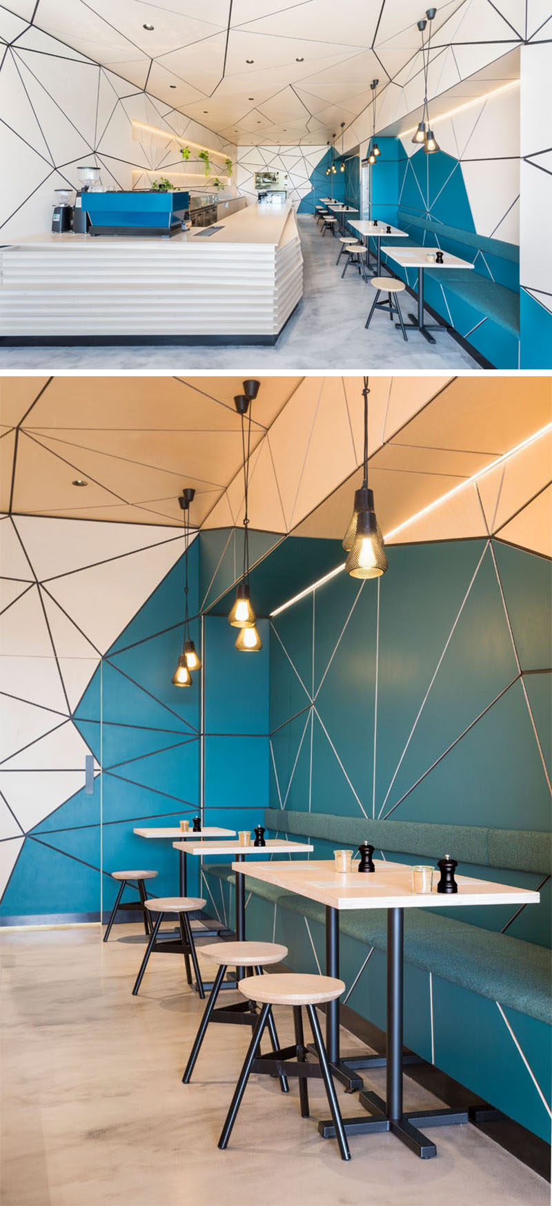 Эта современная кофейня украшена деревянными панелями и расписными геометрическими панелями по всем стенам и потолку.