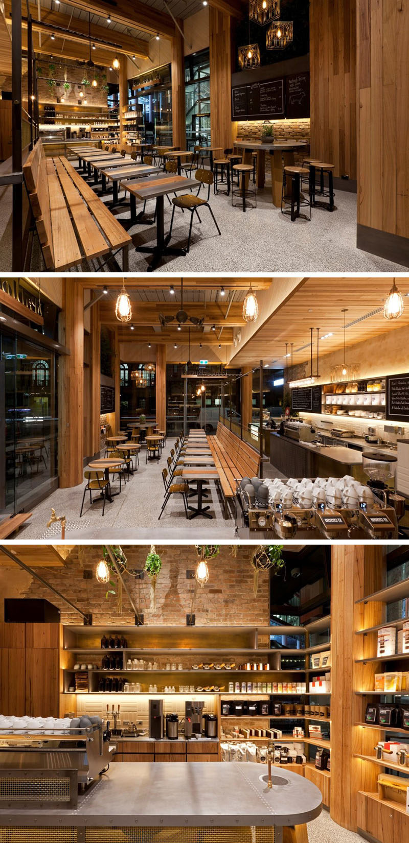 Эта современная кофейня оформлена с использованием полированного бетона, состаренной латуни, вторичного кирпича и деревянных элементов.