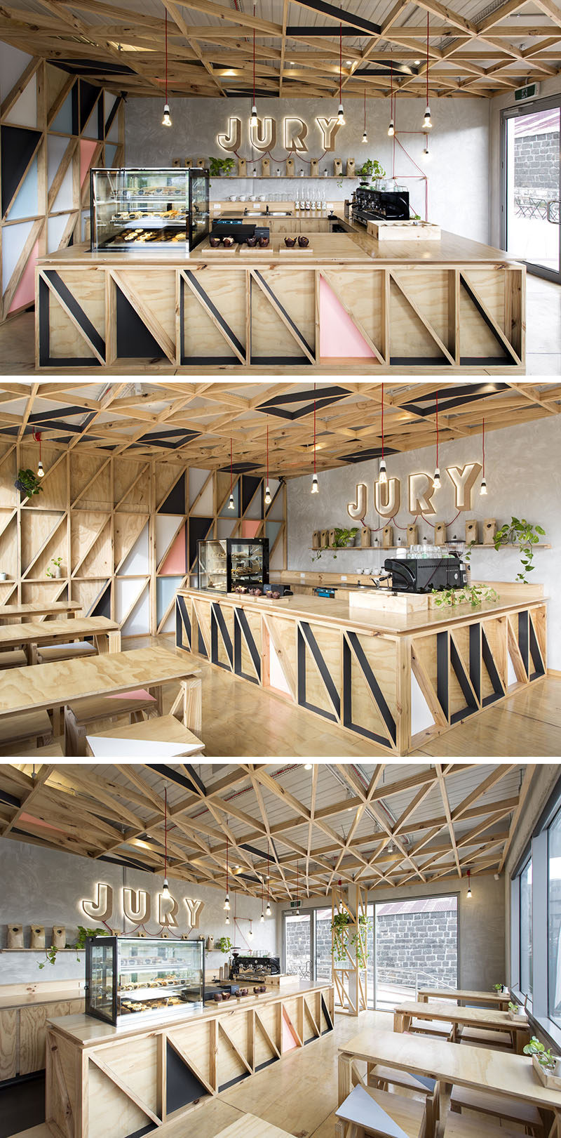 Эта современная кофейня была оформлена с использованием диагонального рисунка дерева на стенах, потолке и передней панели бара.