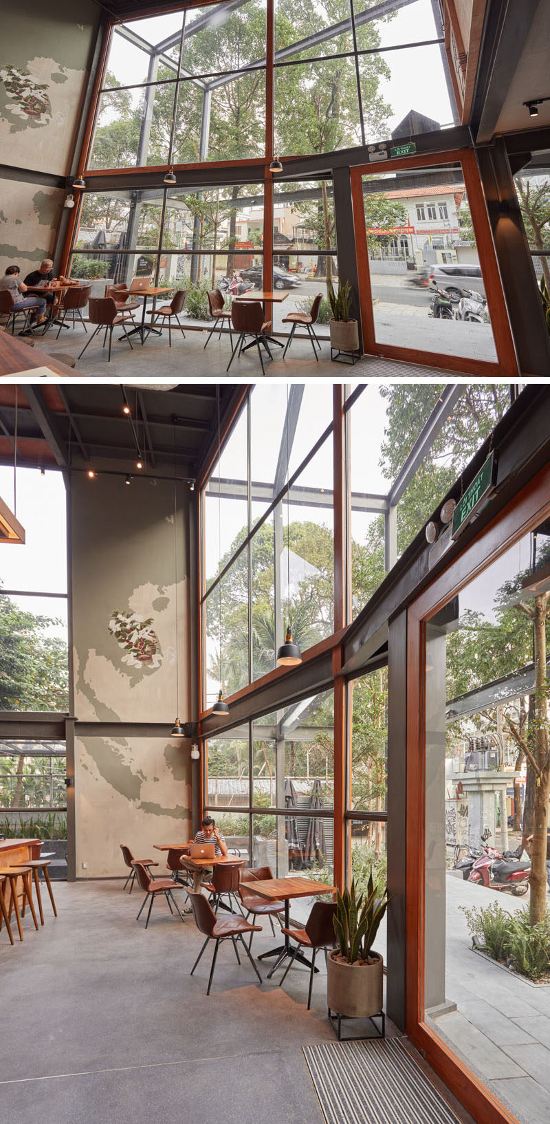  Большая стена из окон заливает интерьер современной кофейни естественным светом, а сиденья, расположенные рядом с окнами, пользуются посетителями вид на улицу. #CoffeeShop #Windows # Архитектура 