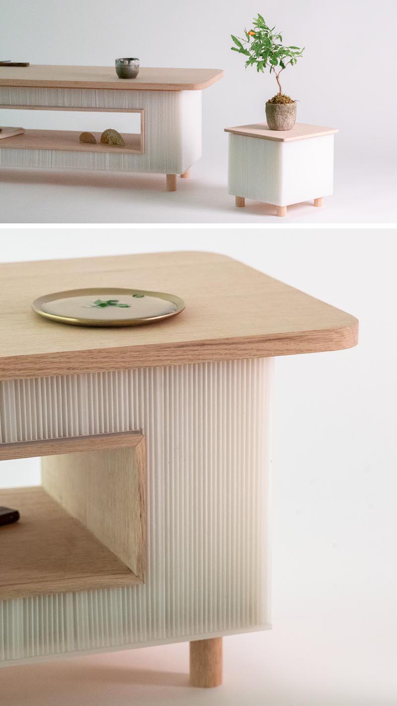 Студия дизайна WOOYOO недавно выпустила серию Fuwafuwa, которая сделана из полупрозрачного гофрированного пластика и светлого дуба. # Современная мебель # Современные столы # Мебельный дизайн