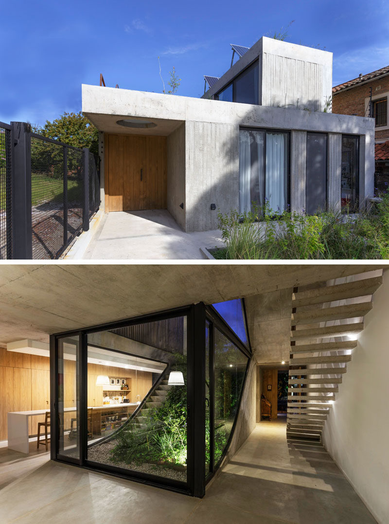 В этом современном бетонном доме был спроектирован сад, соединяющий все архитектурные этажи, который виден сразу с входной двери. # Бетонный дом # современный дом # сад # ландшафтный дизайн