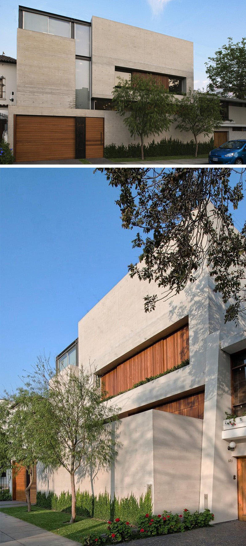 13 Экстерьеры современных домов из бетона | Хотя большая часть этого дома построена из бетона, дерево на входной двери, двери гаража и окнах придает ему теплый и уютный вид.