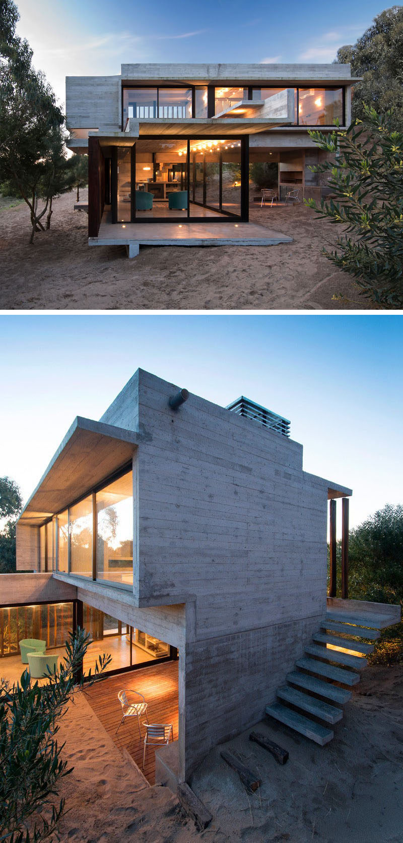 13 Экстерьеры современных домов из бетона | Серый бетон этого пляжного домика гармонирует с цветом песка, создавая современный, но непринужденный вид.