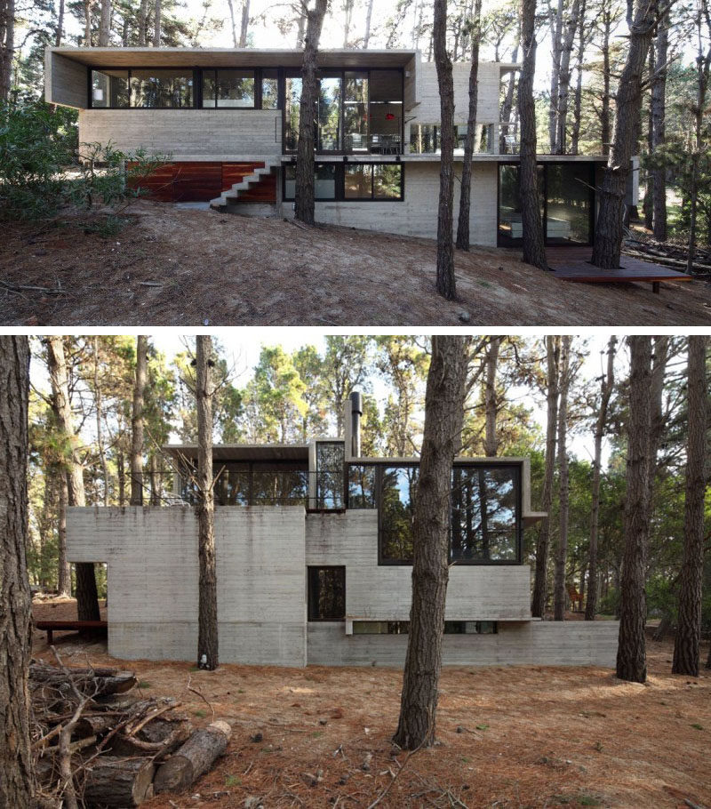 13 Экстерьеры современных домов из бетона | Из больших окон этого бетонного дома открывается вид на лес.