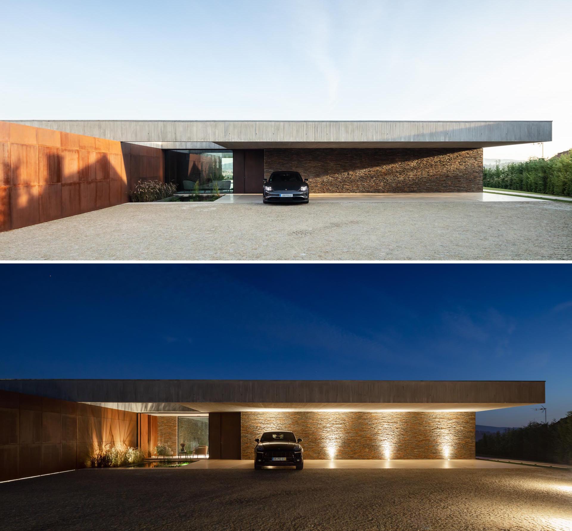 Современный бетонный дом с акцентными стенами из обветренной стали и камня и освещением, выделяющим крытую парковку в ночное время.