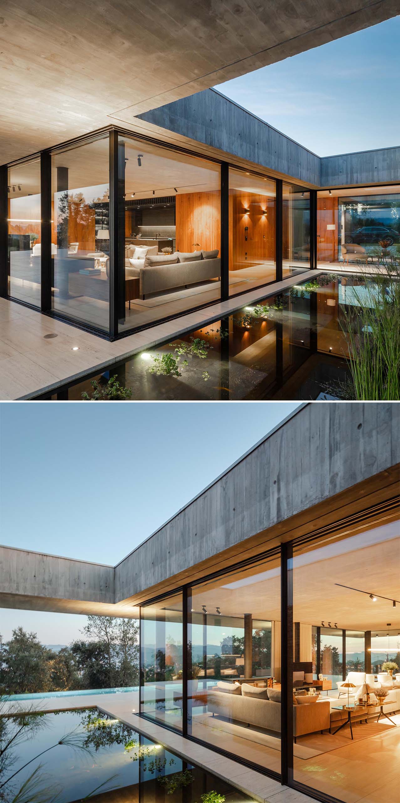 Современный бетонный дом со стеклянными стенами и водным элементом.