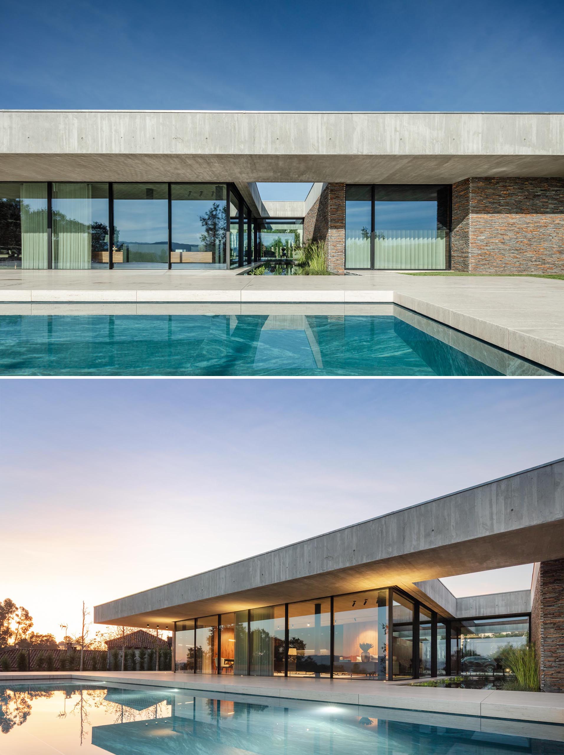 Современный бетонный дом со стеклянными стенами, большим патио и бассейном.