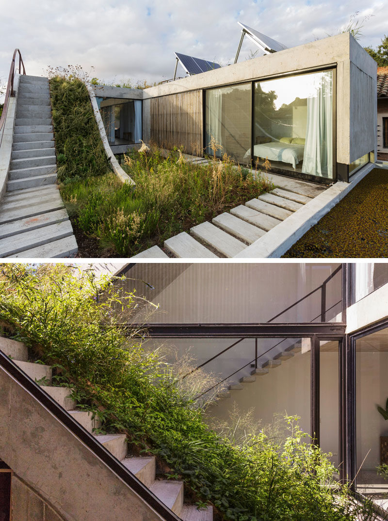 Идеи сада на крыше - В этом современном бетонном доме есть сад, который проходит на трех уровнях. #RooftopGarden #GardenDesign #ModernGarden