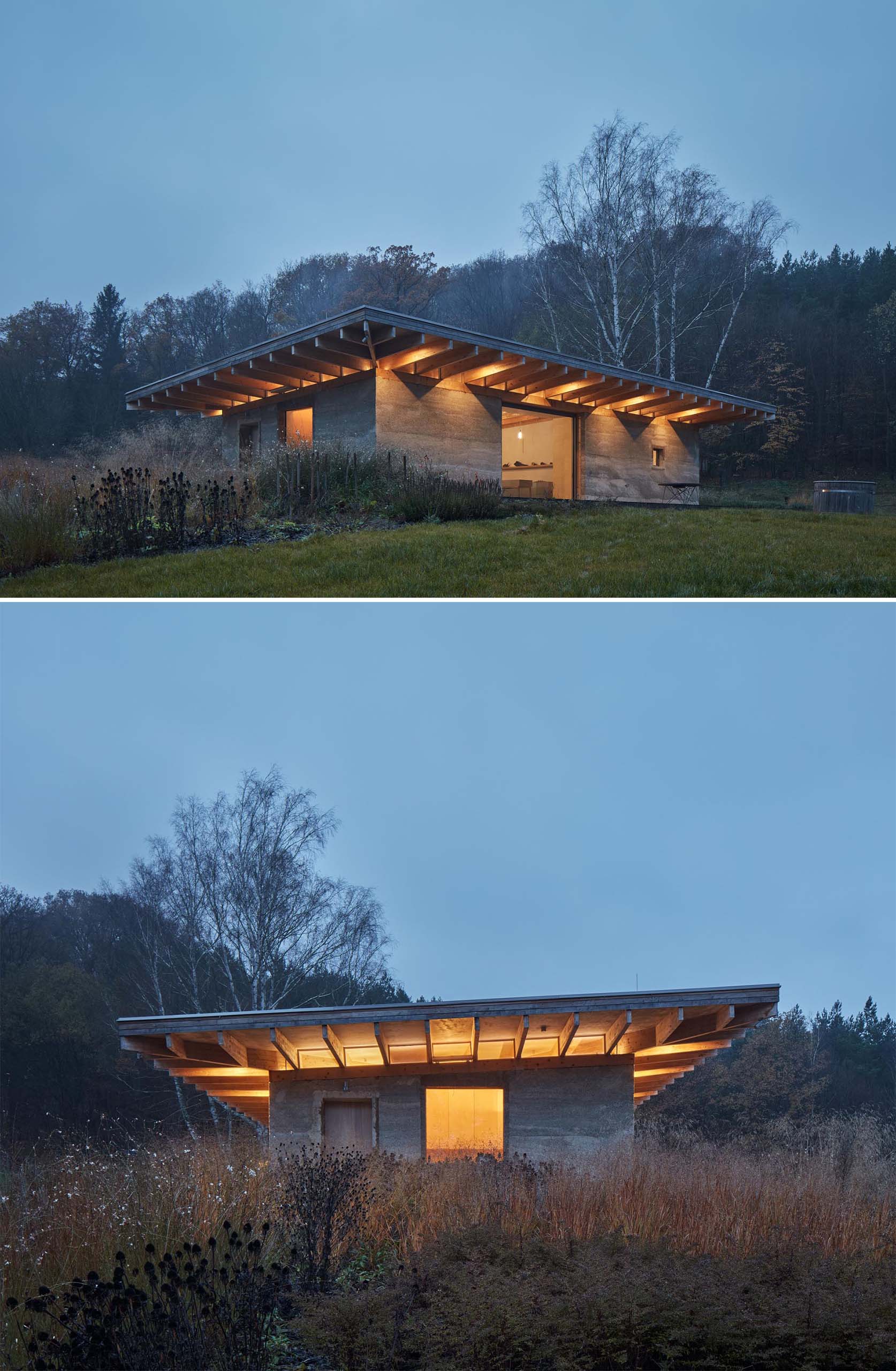 Современный коттедж с зеленой крышей и стенами из пенькового бетона в окружении природы.