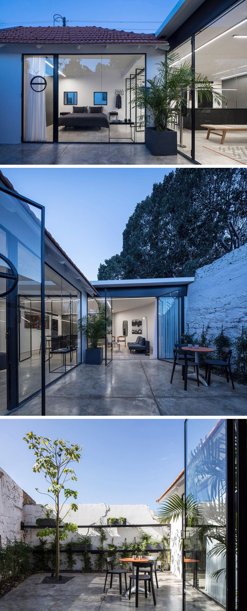  Стеклянные распашные двери открывают современный интерьер этого небольшого дома в частный дворик. #Patio #OutdoorSpace 