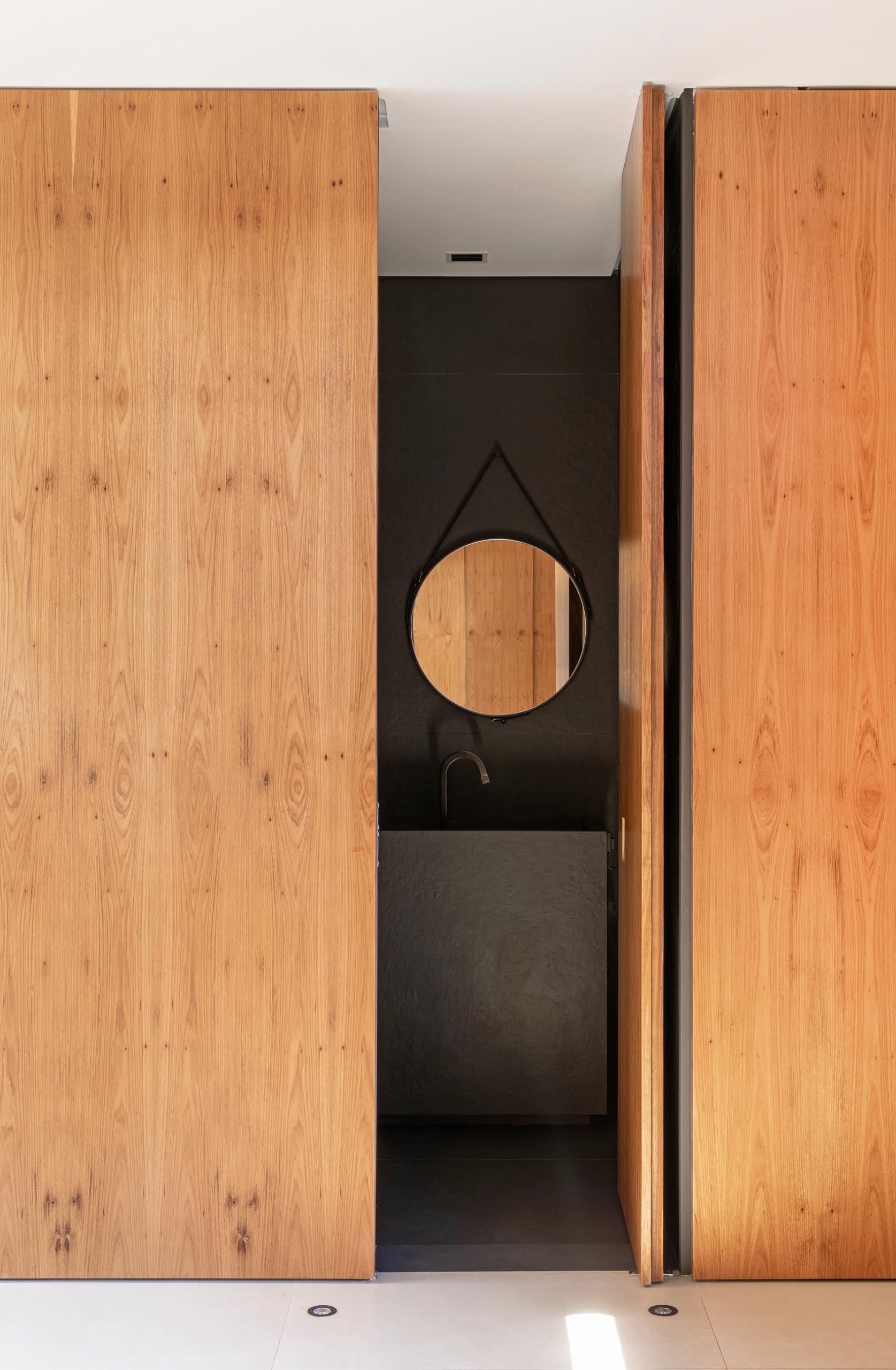 Современная ванная комната в темной цветовой гамме скрыта за деревянной дверью, гармонирующей с окружающей стеной.