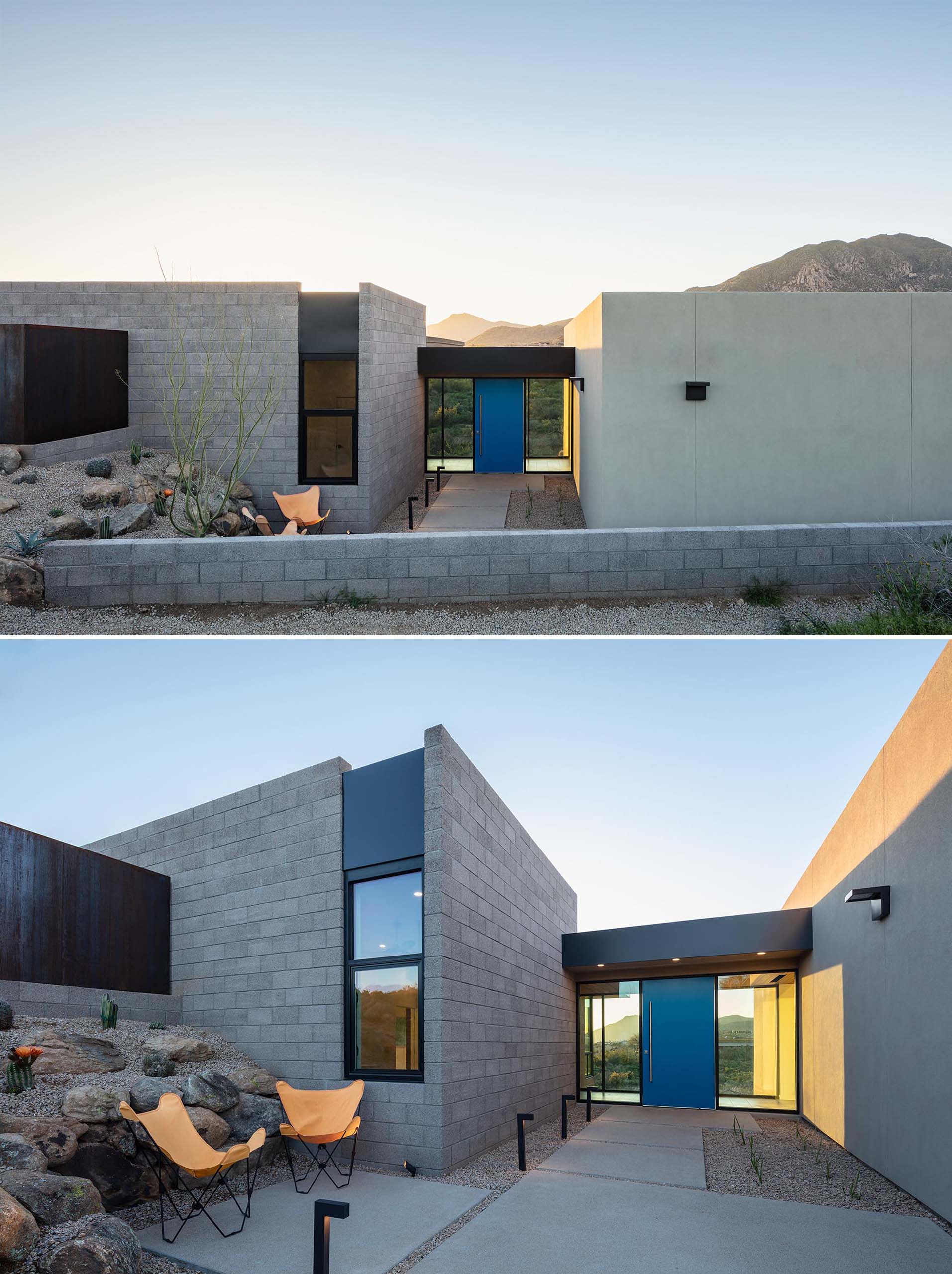 Вход в этот современный дом в пустыне, который выделяется ярко-синей вращающейся входной дверью, соединяет фойе, вход в гараж и доступ в гостевую зону через стеклянный «мост».