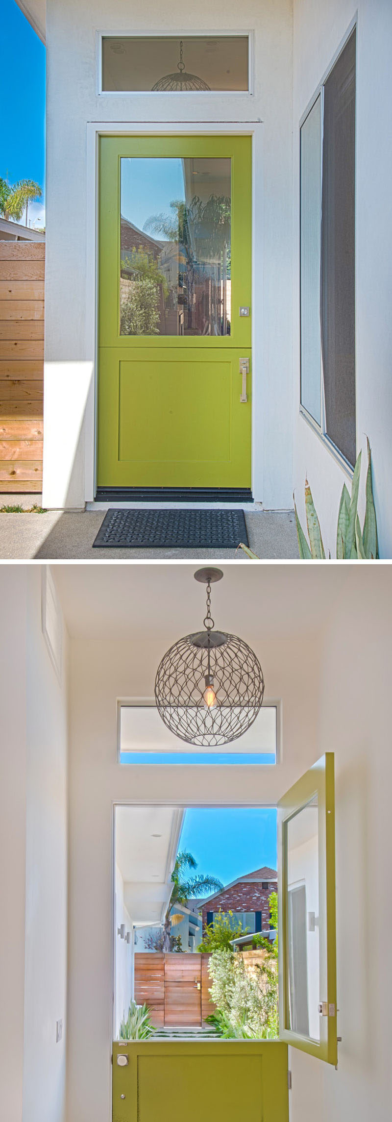 Идеи дизайна дверей - 9 примеров современных голландских дверей // Ярко-зеленая голландская дверь встречает людей, когда они приходят, и украшает вход в этот современный дом.