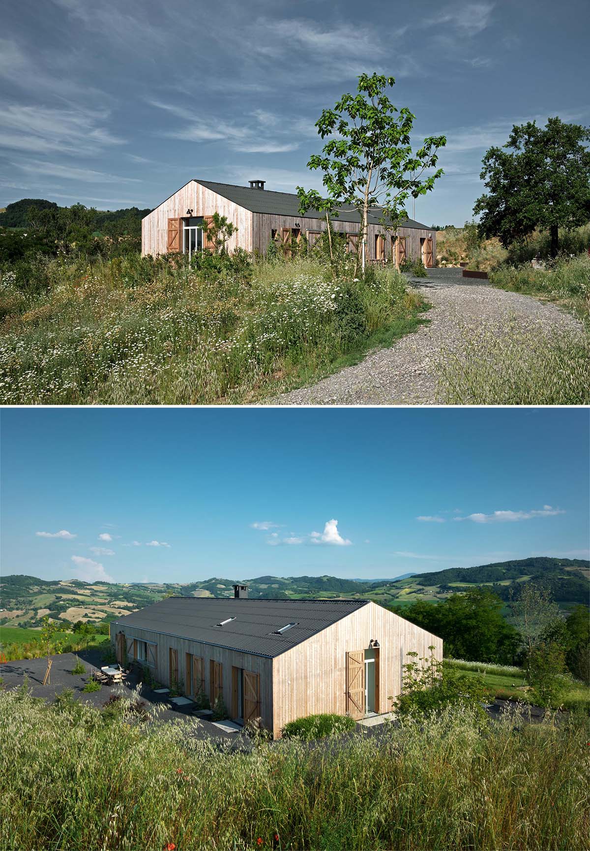 Этот одноэтажный современный фермерский дом снаружи облицован натуральной лиственницей и ставнями.