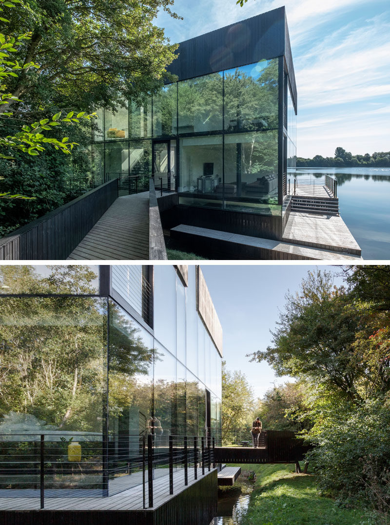 Mecanoo Architecten спроектировали современный дом на берегу озера в Лехлейде, Англия, со стеклянными стенами, открывающими панорамный вид изнутри дома. # Архитектура # Дизайн Дома # Озеро Дом