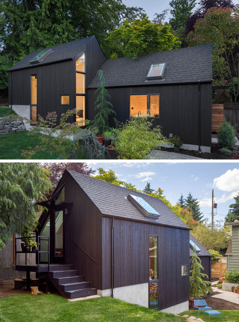  Компания Best Practice Architecture из Сиэтла преобразовала то, что когда-то было обычным гаражом на заднем дворе, превратила его в высокий и часто крошечный дом. #TinyHome #TinyHouse #GarageConversion #BlackSolatedCedarSiding 