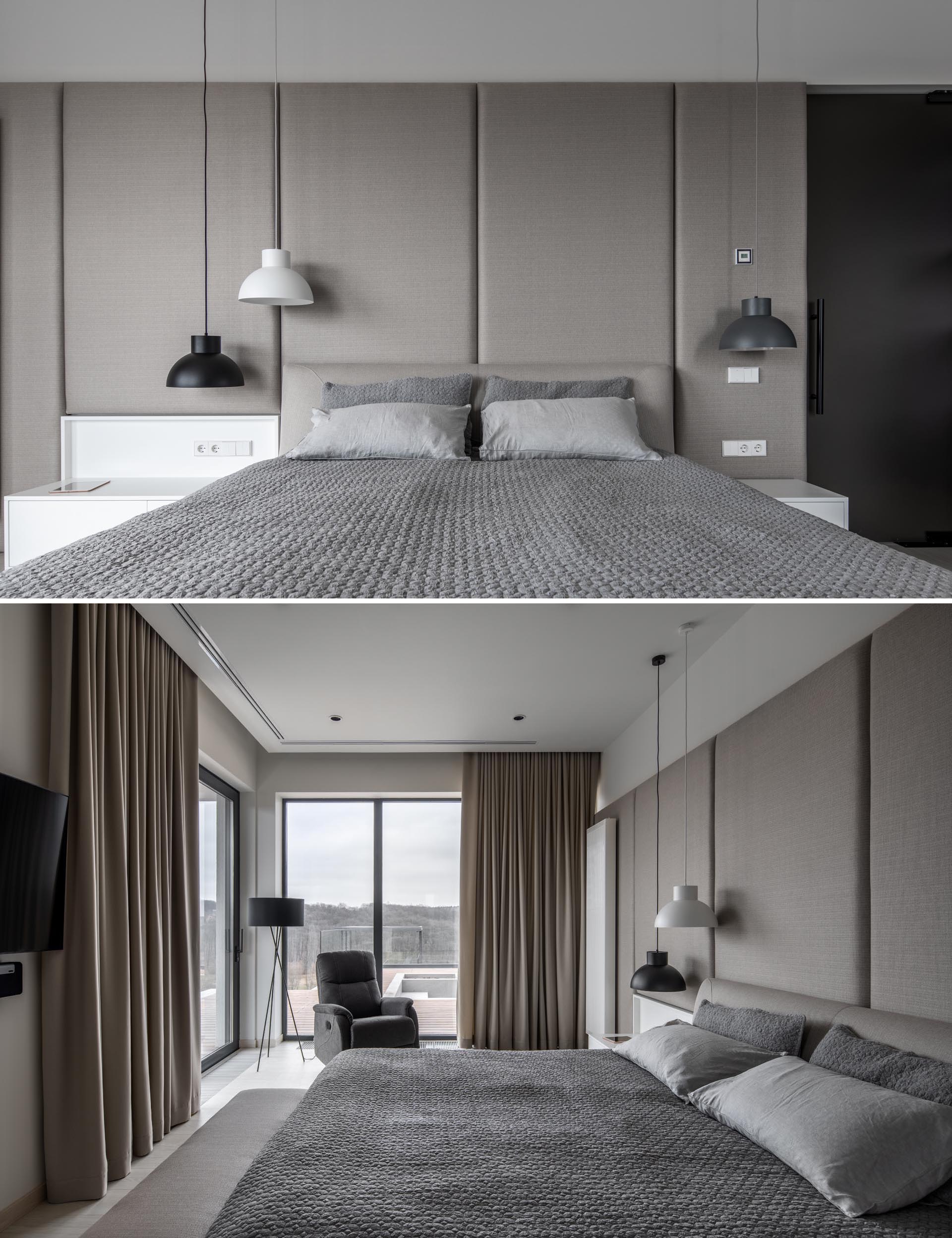 Современная спальня гостиничного типа в серо-бежевой цветовой гамме с белыми и черными акцентами.