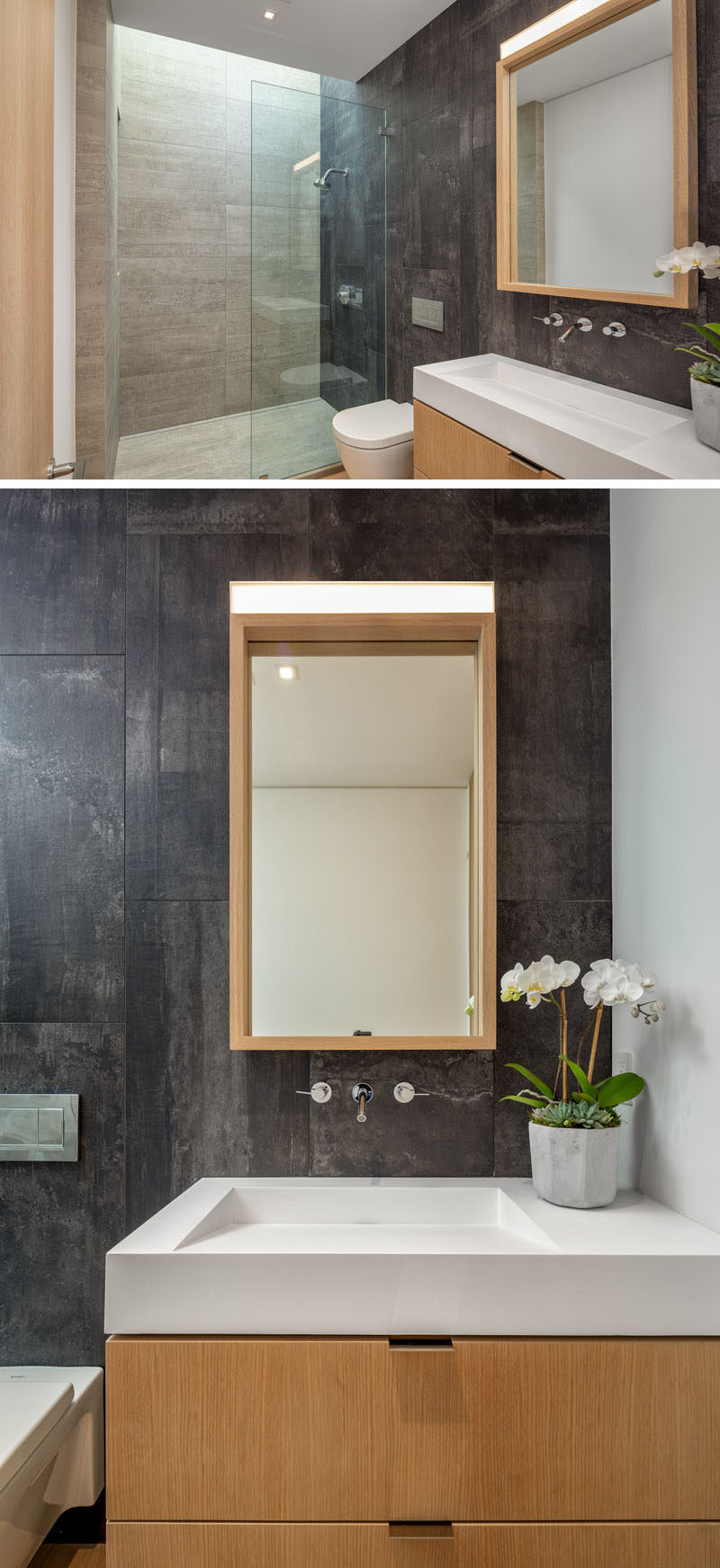 Идеи для ванных комнат - В этой современной ванной комнате потолочное окно добавляет естественный свет в душ, а деревянный туалетный столик с соответствующим зеркалом добавляет естественности. #BathroomIdeas # ModernBathroom # WoodVanity