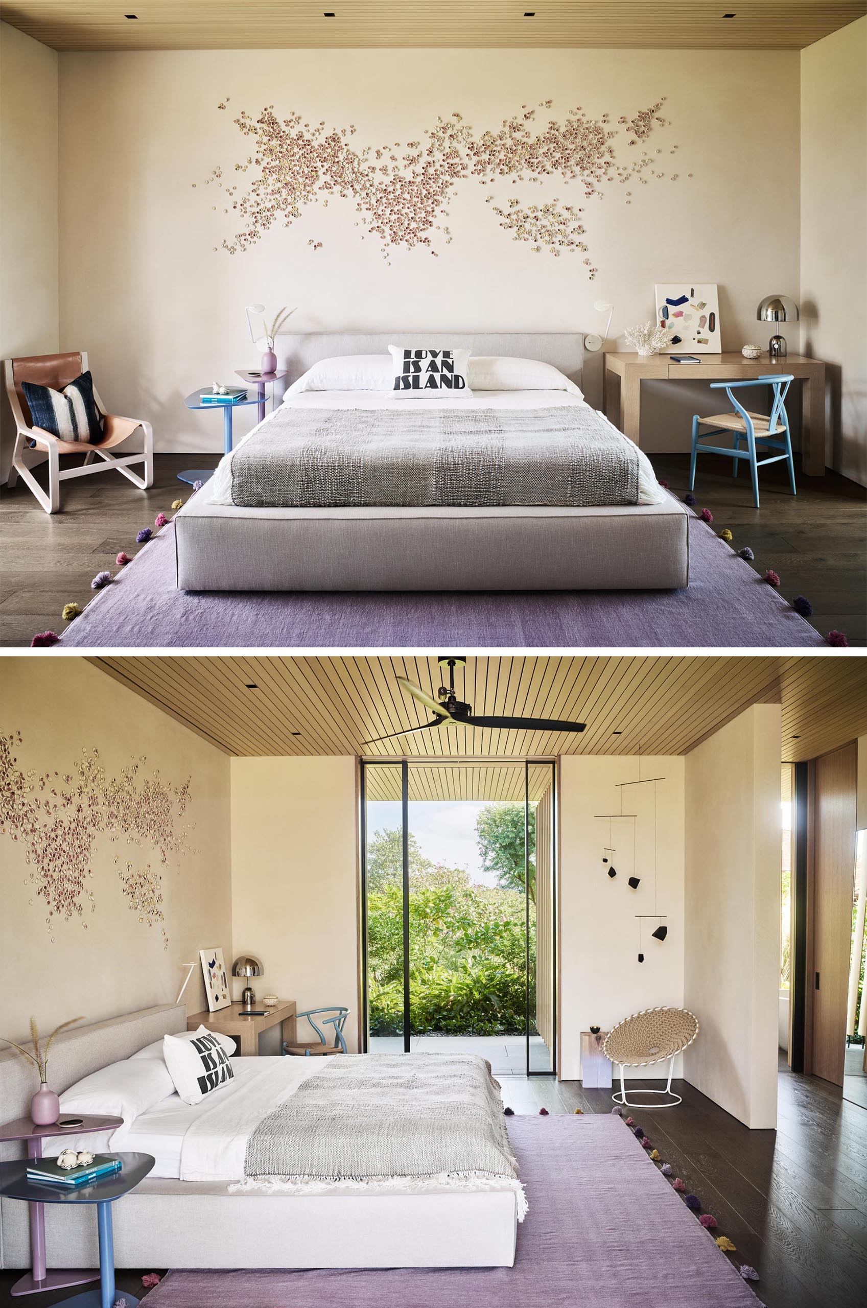 Современная спальня с нейтральной цветовой палитрой и картинами на стене.