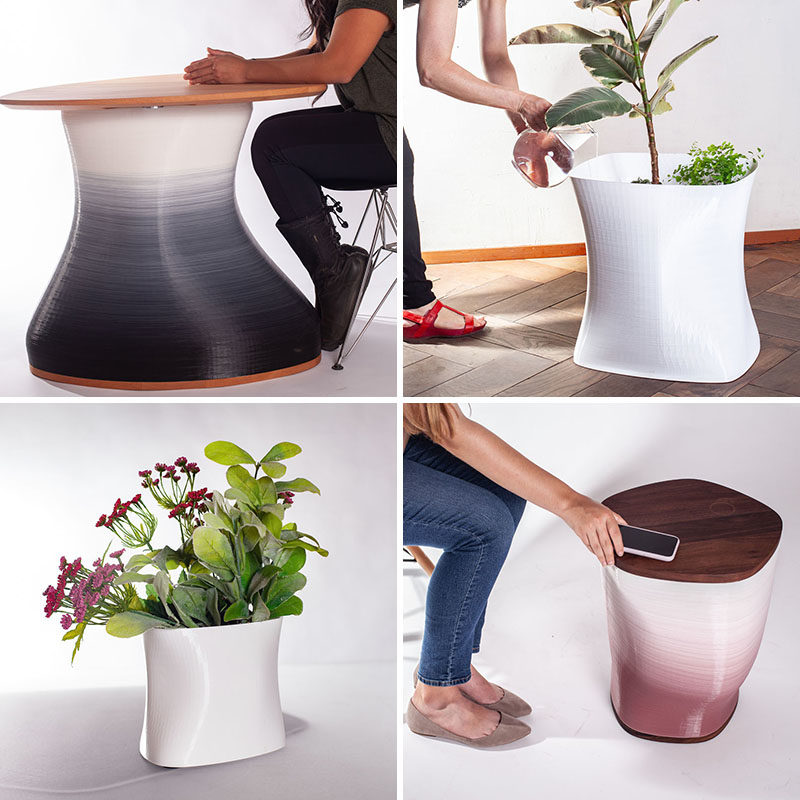 Мебель, напечатанная на 3D-принтере, в которую входят столы, кашпо и вазы.