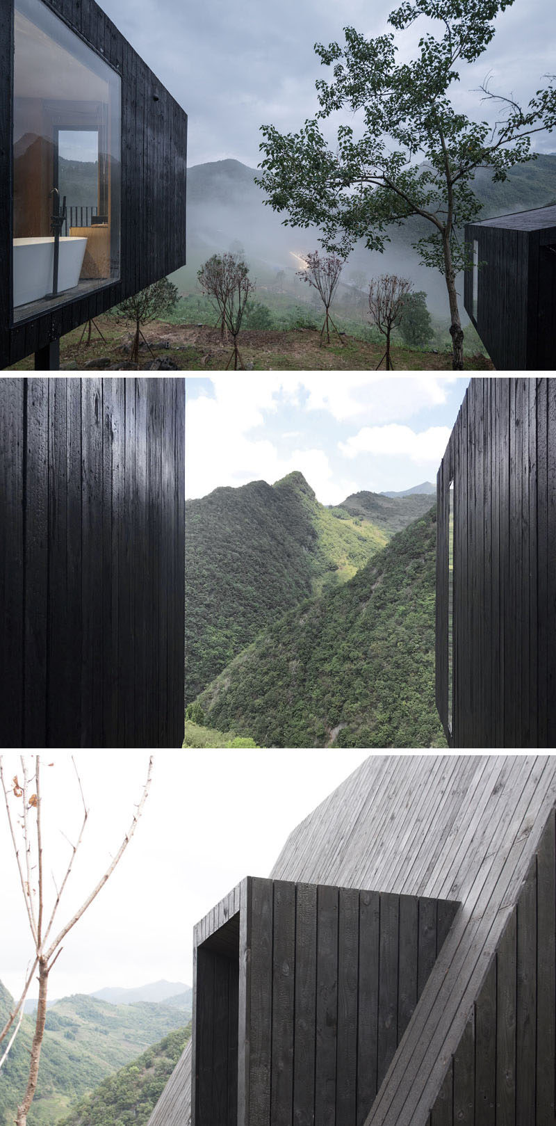 Черненое дерево использовалось в качестве внешнего материала для этих коттеджей в сельских районах Китая. #ShouSugiBan # Архитектура