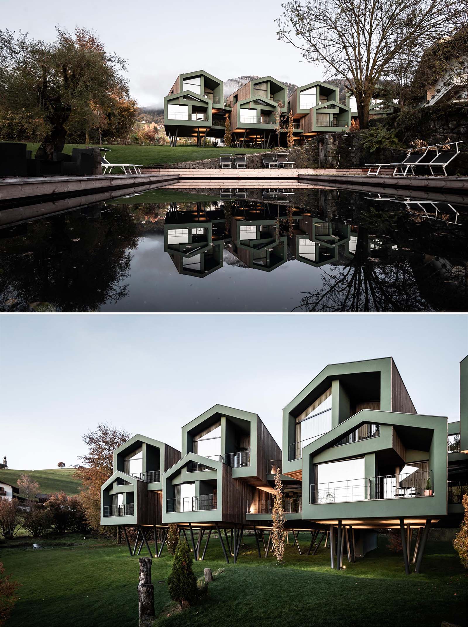 Коллекция современных гостиничных номеров, оформленных в виде домов на деревьях.