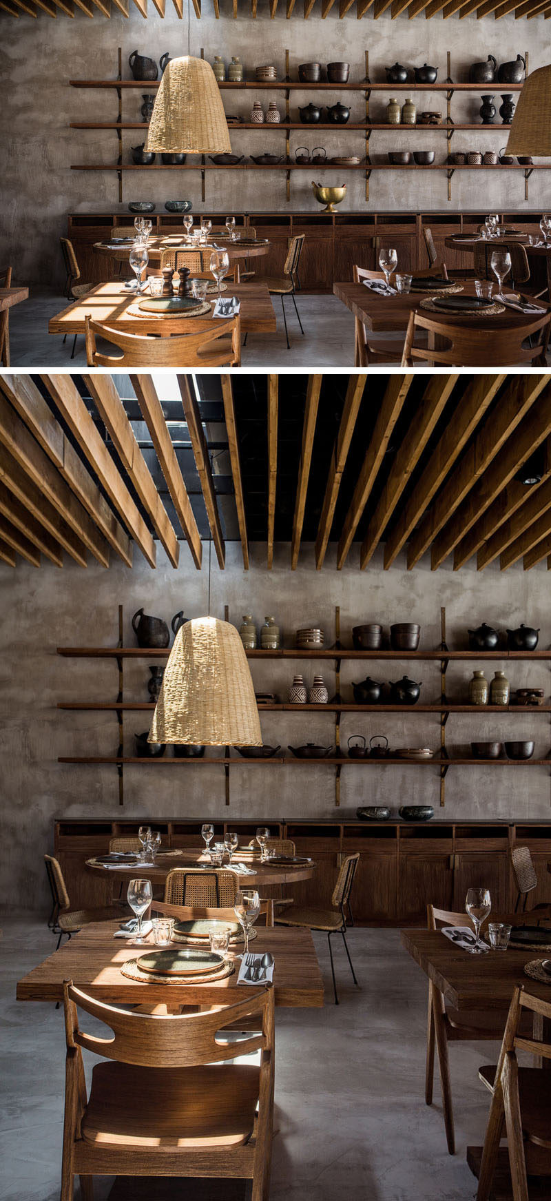В дизайне этого отеля в Греции теплые серые стены сочетаются с деревянными элементами, чтобы создать расслабляющий и современный вид. # ИнтерьерДизайн # Ресторан # Гостиница # Стеллажи