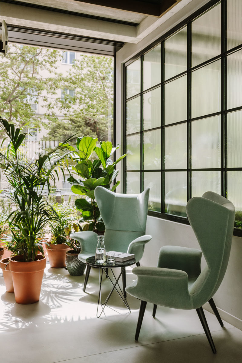 Идеи декора - Зеленые кресла и растения в горшках стоят у оконной стены в черной рамке, создавая почти тропический вид. # ДекорИдеи # Сидения # Растения # Окна