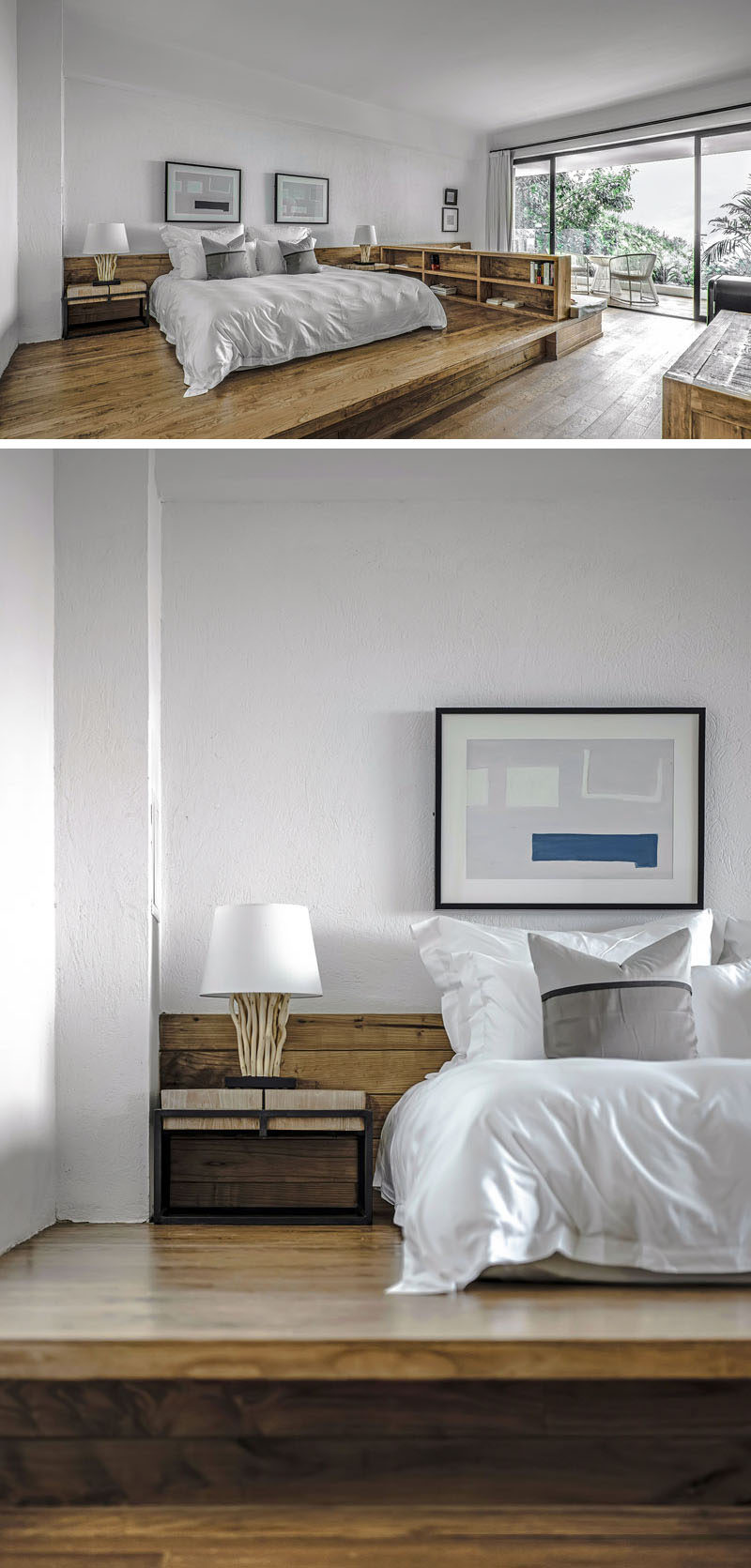 В этом современном гостиничном номере кровать приподнята над полом на деревянной платформе. #RaisedBed #ModernHotelRoom