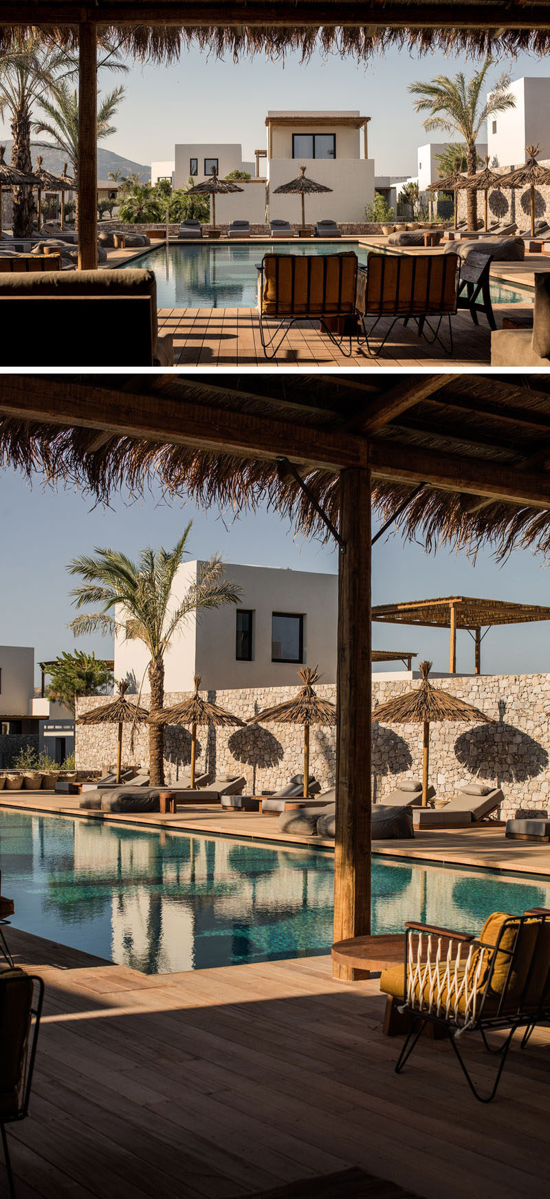 В этом современном отеле в Греции есть бассейн, окруженный деревянной террасой, шезлонгами и соломенными зонтиками. # Бассейн # Бассейн # Отель # Путешествие # Греция