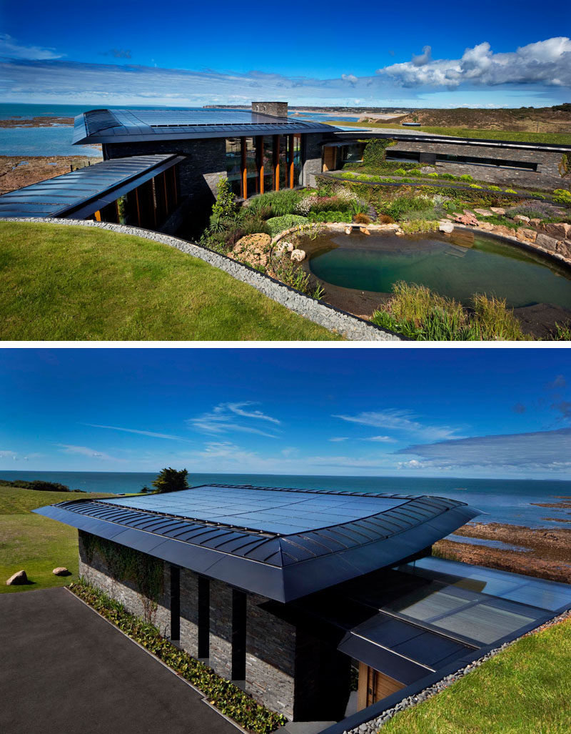 Этот современный дом гармонирует с окружающим ландшафтом и использует встроенные солнечные батареи и тепловые насосы с воздушным источником тепла для обеспечения отопления с низким потреблением энергии. Также есть естественный бассейн. #NaturalSwimmingPool #SolarPanels