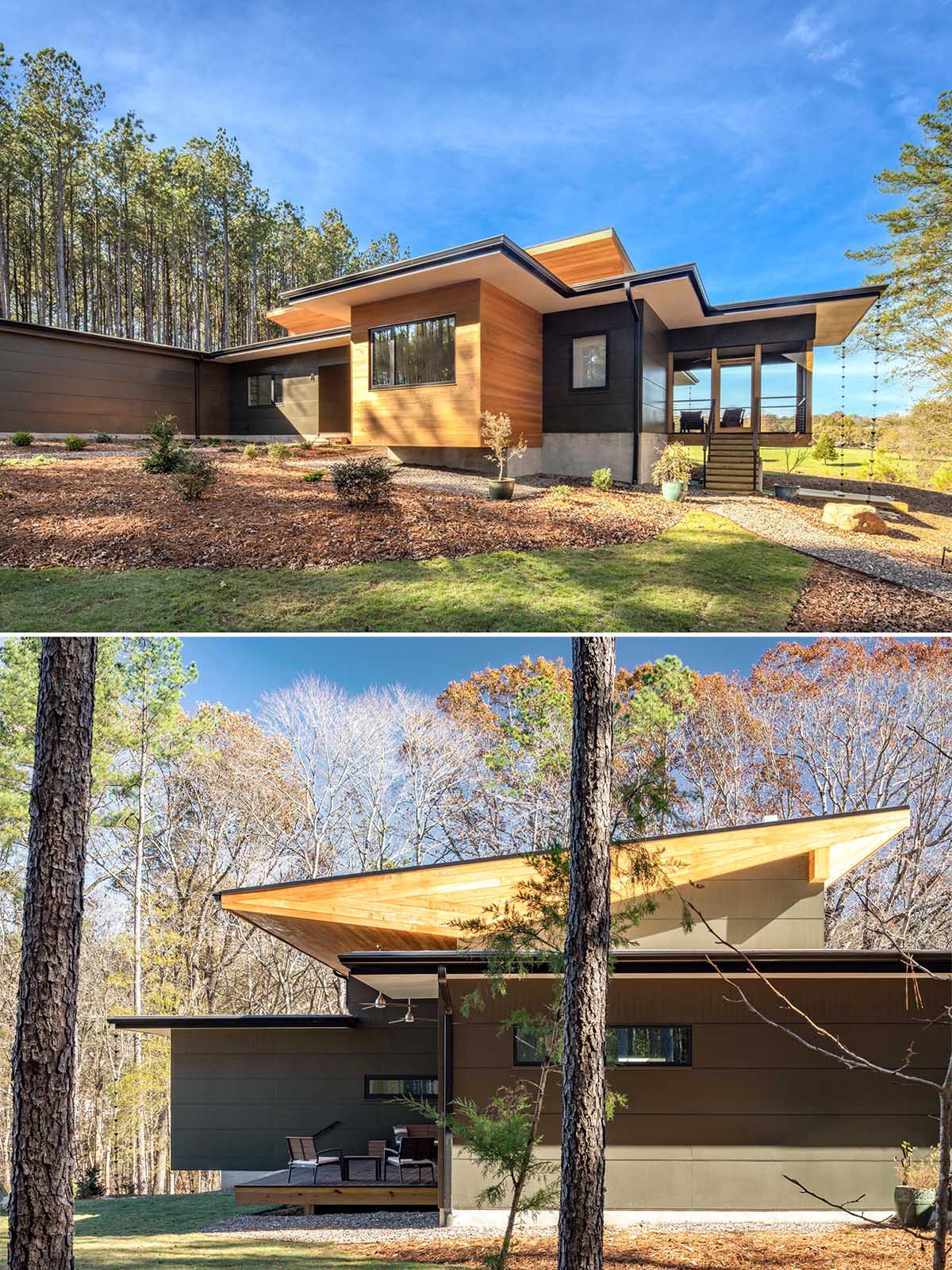Современный дом с деревянными элементами и крышей для солнечных батарей.
