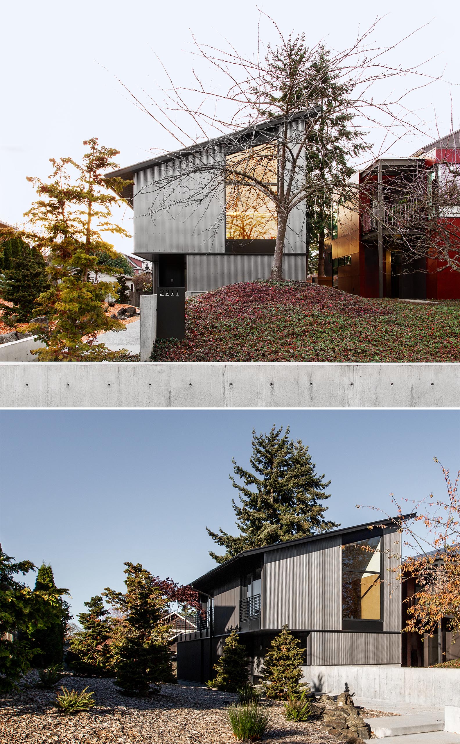 Современный дом с гофрированным металлическим сайдингом, черными вставками и односкатной крышей.