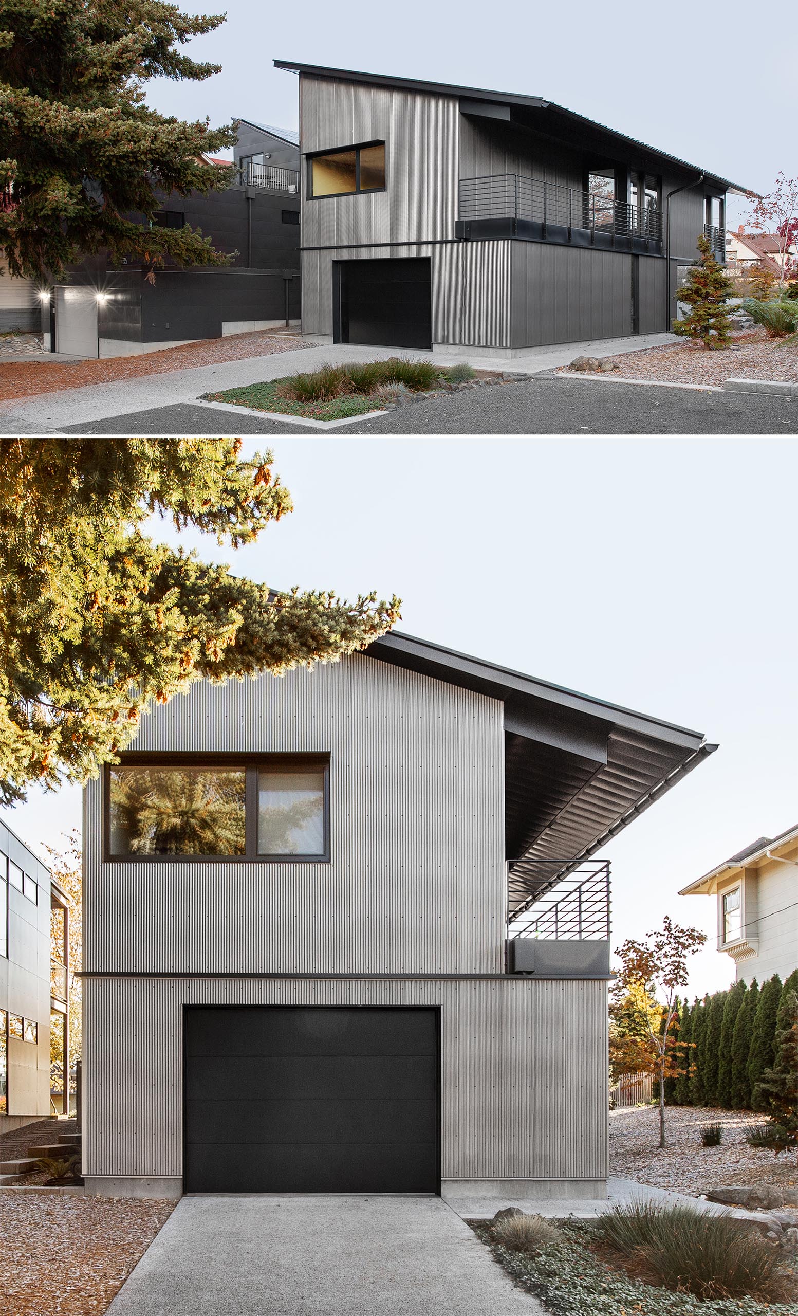 Современный дом с угловатой односкатной крышей, гофрированным металлическим сайдингом и черными вставками.