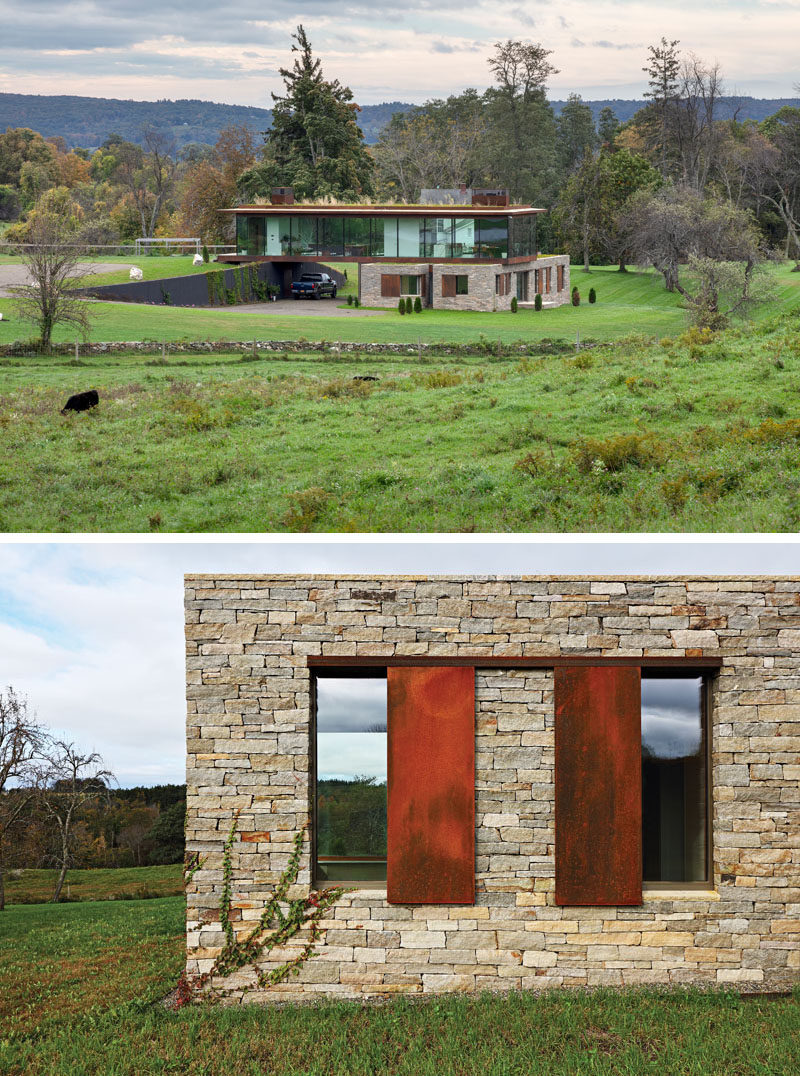  Компания Slade Architecture спроектировала новый современный дом в Стэнфорде, штат Нью-Йорк, который расположен на большом ферме площадью 220 акров. #ModernHouse # Stone #ModernArchitecture 