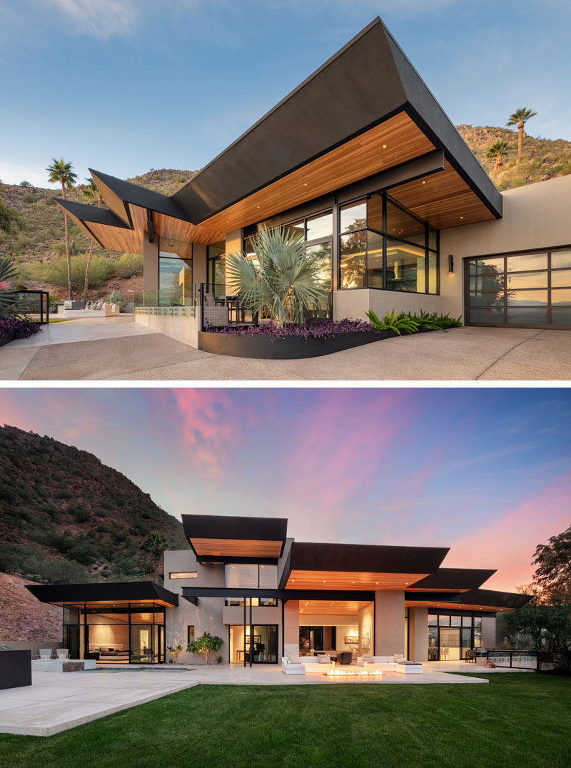  Компания Kendle Design Collaborative завершила строительство дома в Парадайз-Вэлли, штат Аризона, с наклонными плоскостями потолка, которые расходуются в сторону обширного города и гор, а также определяют различные объемы дома. #ModernArchitecture #ModernHouse 