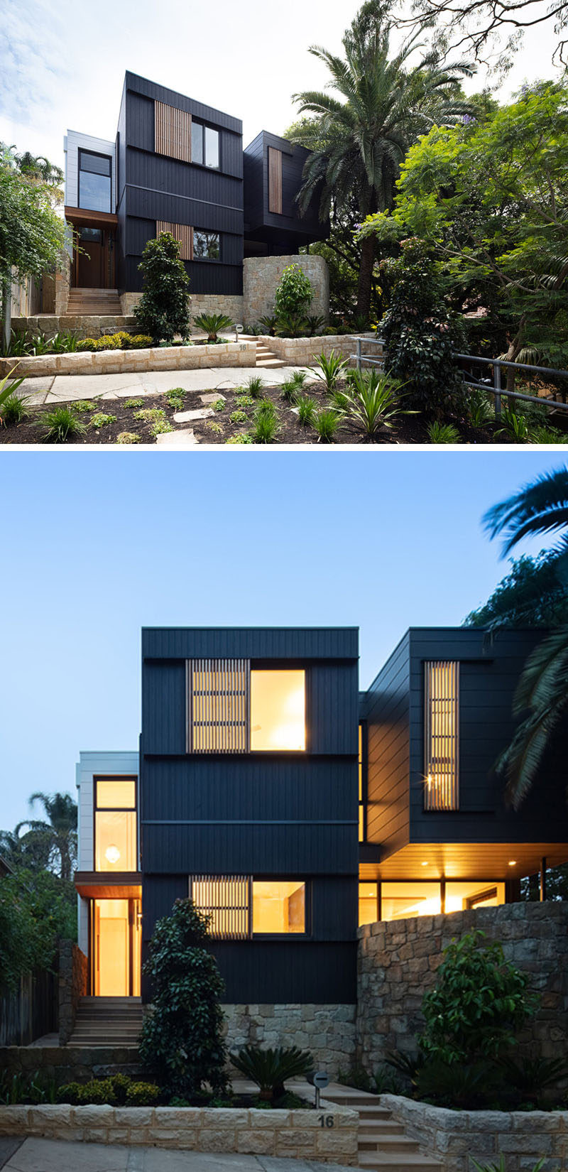  Снаружи дом облицован черненым камбийским ясенем и Scyon Stria, песчаник был использован для создания различных уровней в палисаднике, ведущий к входной двери дома. # Ландшафтный дизайн # Современный дом # Архитектура 